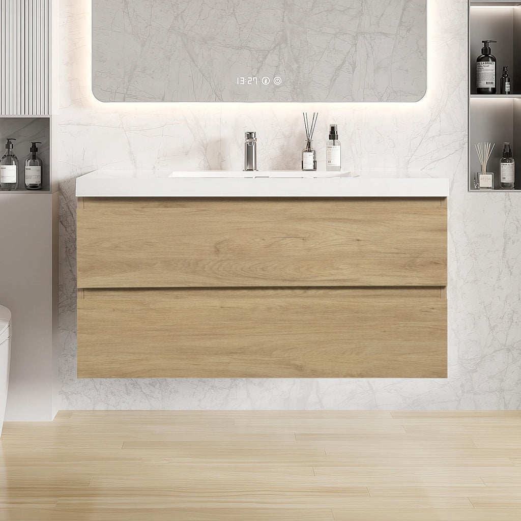 Floating Bathroom Vanity with Sink, Large Storage Wall Mounted Floating Vanity with Soft Close Drawers, One-Piece Basin Bathroom Sink Cabinet