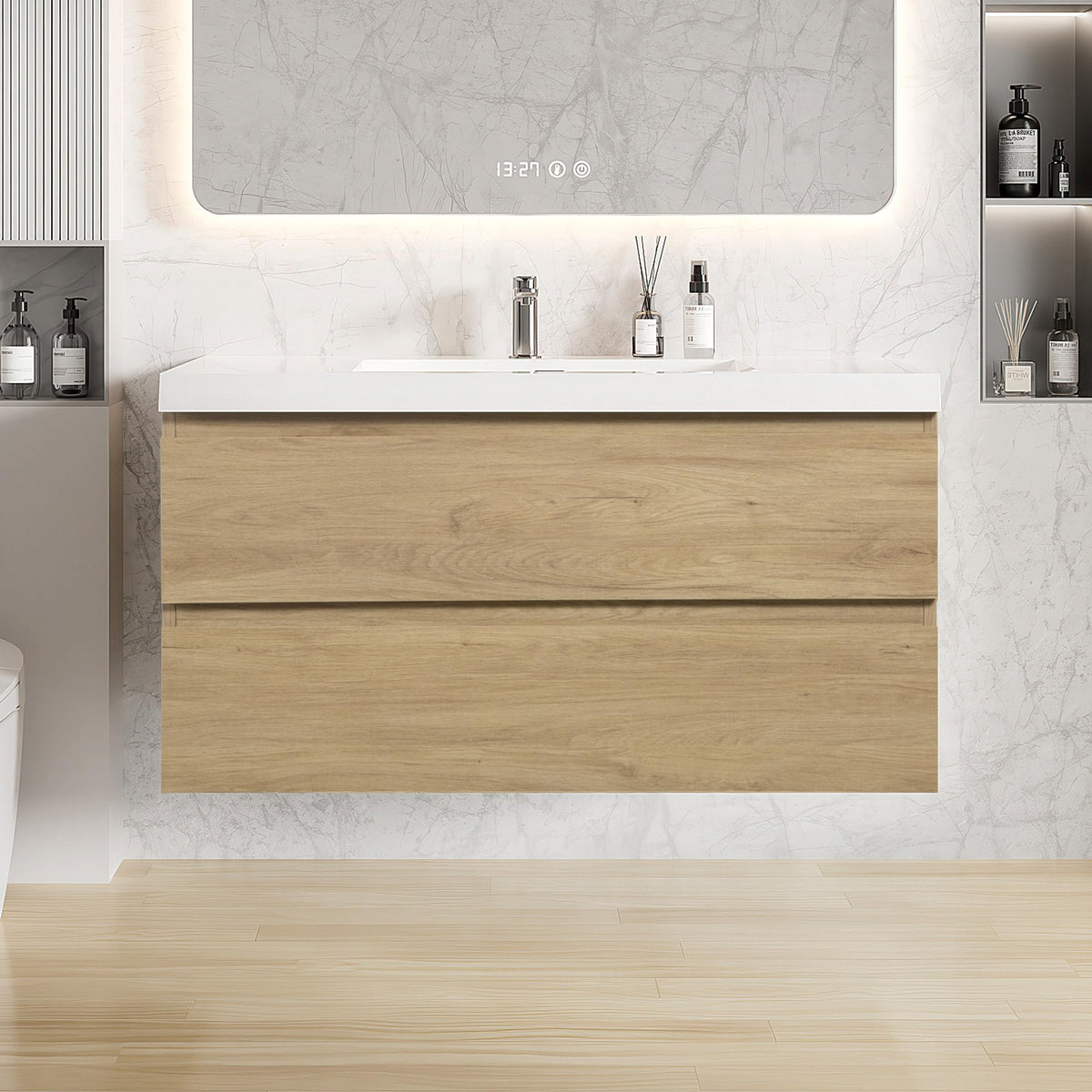 Floating Bathroom Vanity with Sink, Large Storage Wall Mounted Floating Vanity with Soft Close Drawers, One-Piece Basin Bathroom Sink Cabinet