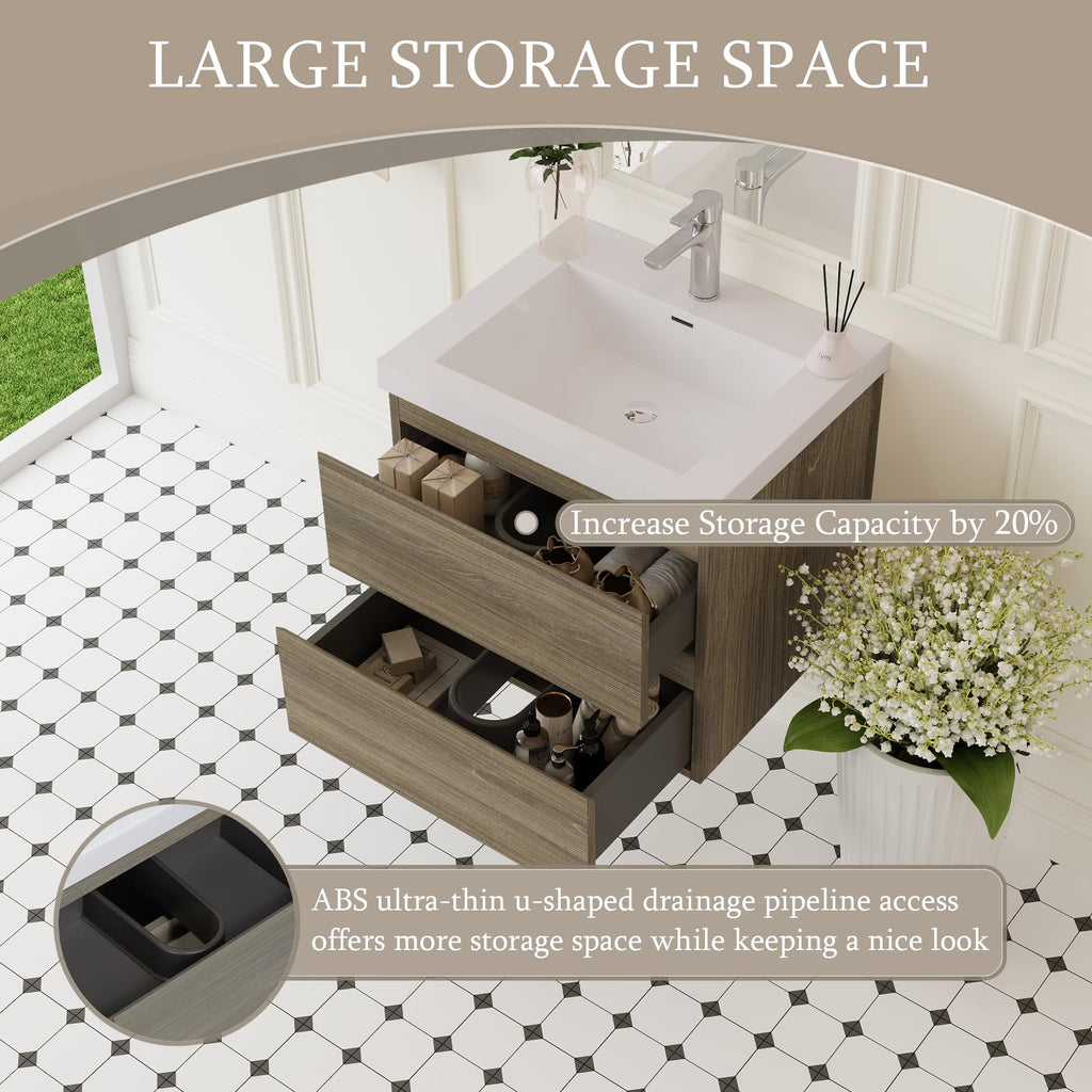 Floating Bathroom Vanity with Sink, Large Storage Wall Mounted Floating Vanity with Soft Close Drawers, One-Piece Basin Bathroom Sink Cabinet
