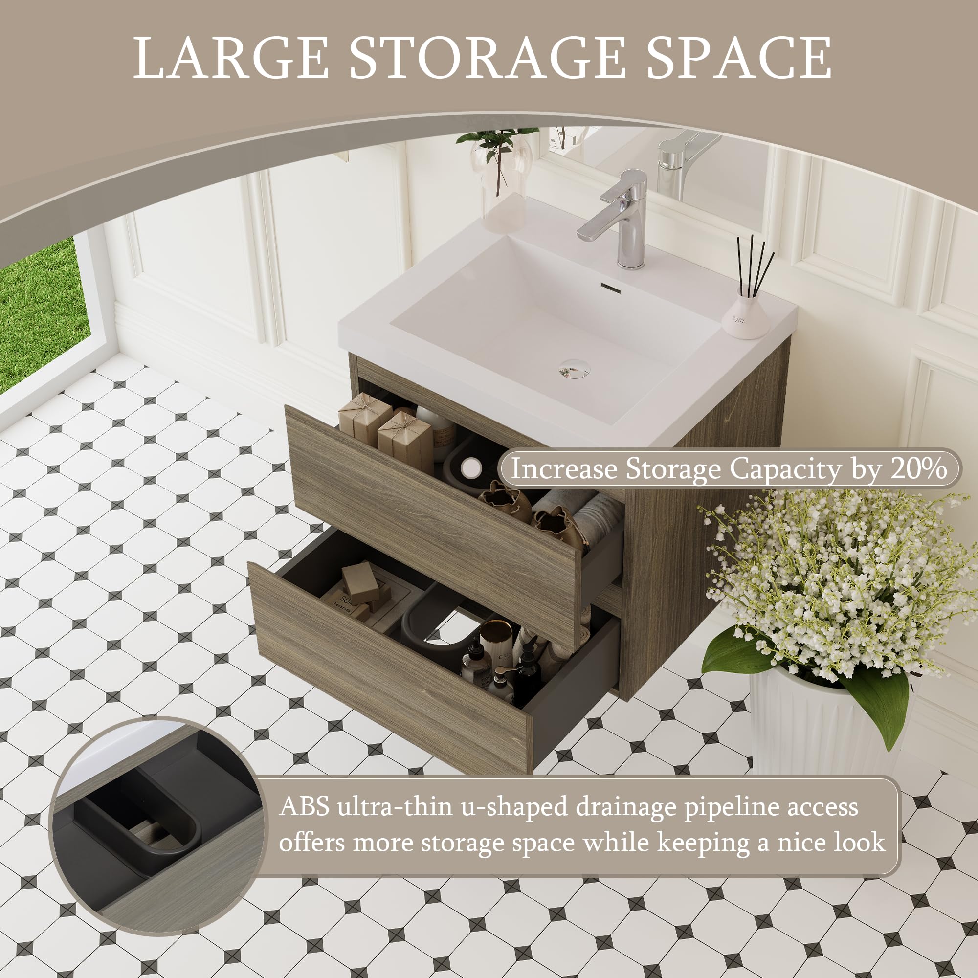 Floating Bathroom Vanity with Sink, Large Storage Wall Mounted Floating Vanity with Soft Close Drawers, One-Piece Basin Bathroom Sink Cabinet